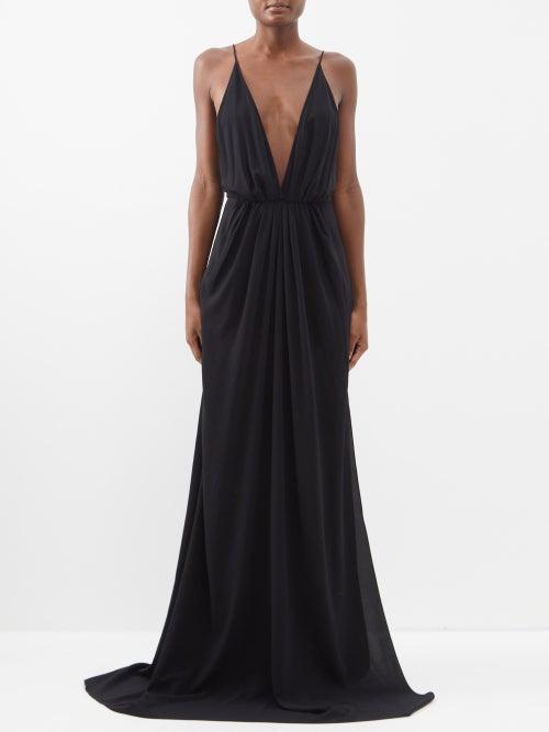 Another Tomorrow - Plunge-neck Side-slit Crepe Gown - Womens - Black