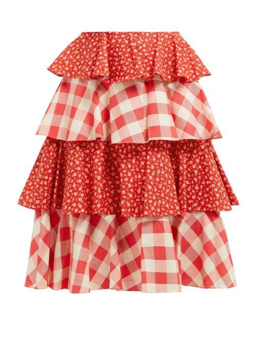 Matchesfashion.com Batsheva - Gingham And Floral Print Tiered Cotton Skirt - Womens - Red White