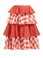Matchesfashion.com Batsheva - Gingham And Floral Print Tiered Cotton Skirt - Womens - Red White