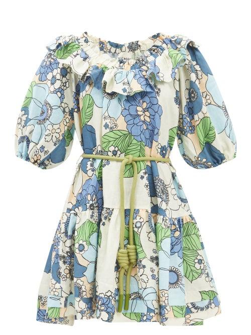 Ale Mais - Farrah Floral-print Linen Mini Dress - Womens - Blue Print