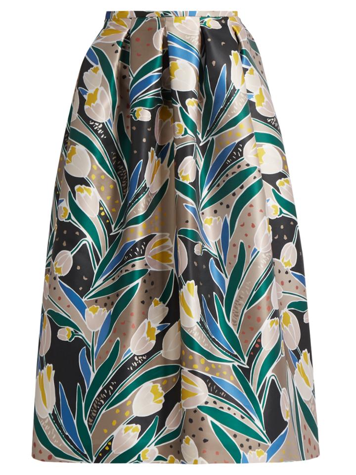 Rochas Tulip-print Duchess-satin Midi Skirt