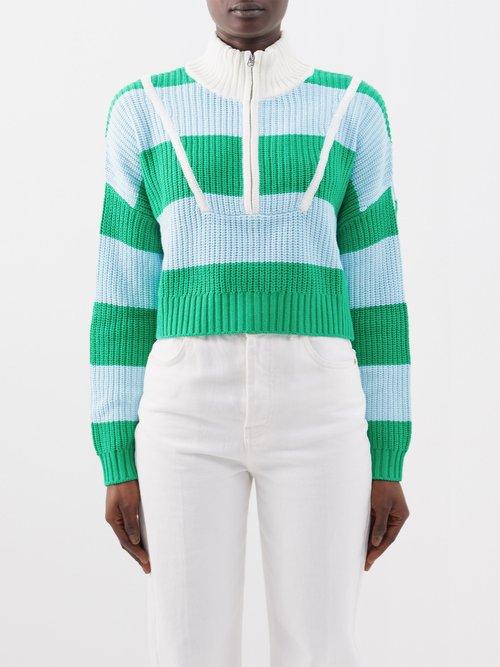 Staud - Hampton Half-zip Striped Cotton-blend Sweater - Womens - Blue/green