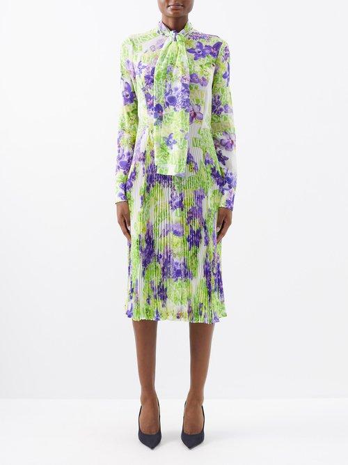 Versace - Orchid-print Pleated Silk Crepe Midi Dress - Womens - Green Multi