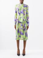 Versace - Orchid-print Pleated Silk Crepe Midi Dress - Womens - Green Multi
