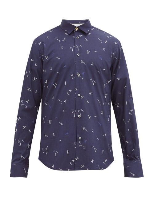 Matchesfashion.com Paul Smith - Scissor-print Cotton-poplin Shirt - Mens - Navy