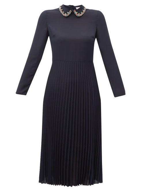 Matchesfashion.com Redvalentino - Crystal Embroidered Pleated Crepe Midi Dress - Womens - Navy
