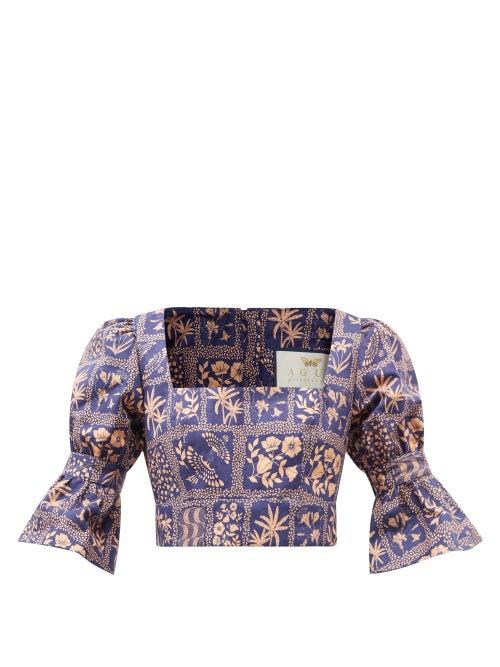 Agua By Agua Bendita - Puff-sleeve Floral-print Linen Blouse - Womens - Navy Print