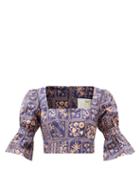 Agua By Agua Bendita - Puff-sleeve Floral-print Linen Blouse - Womens - Navy Print