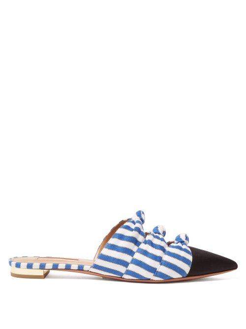 Matchesfashion.com Aquazzura - Mondaine Knot Detail Striped Backless Loafers - Womens - Blue White