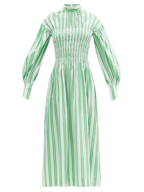 Matchesfashion.com Ganni - Smocked-bodice Striped Cotton-poplin Midi Dress - Womens - Green White