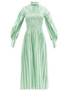 Matchesfashion.com Ganni - Smocked-bodice Striped Cotton-poplin Midi Dress - Womens - Green White