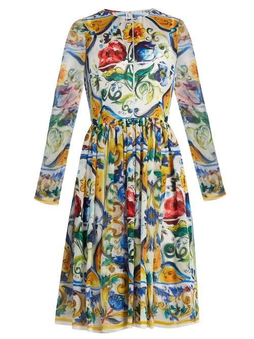Dolce & Gabbana Majolica-print Long-sleeved Silk-chiffon Dress