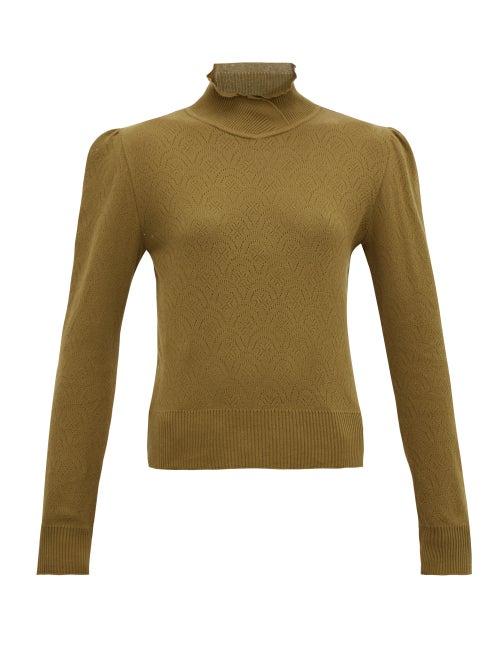 Matchesfashion.com Symonds Pearmain - Ruffle-neck Pointelle-knit Cotton Sweater - Womens - Brown