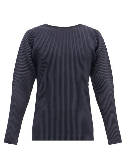 Mens Rtw Homme Pliss Issey Miyake - Technical-pleated Jersey Long-sleeves T-shirt - Mens - Navy