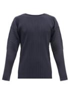 Mens Rtw Homme Pliss Issey Miyake - Technical-pleated Jersey Long-sleeves T-shirt - Mens - Navy