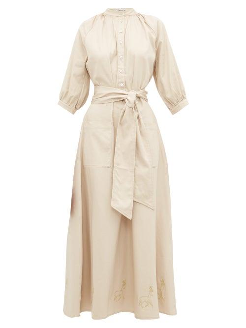 Matchesfashion.com Cheval Pampa - Stag Embroidered Mock Collar Canvas Dress - Womens - Beige
