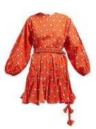 Matchesfashion.com Rhode Resort - Ella Floral Print Tie Waist Cotton Mini Dress - Womens - Red