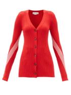 Victoria Beckham - Two-tone V-neck Ribbed Wool Cardigan - Womens - Dark Pink