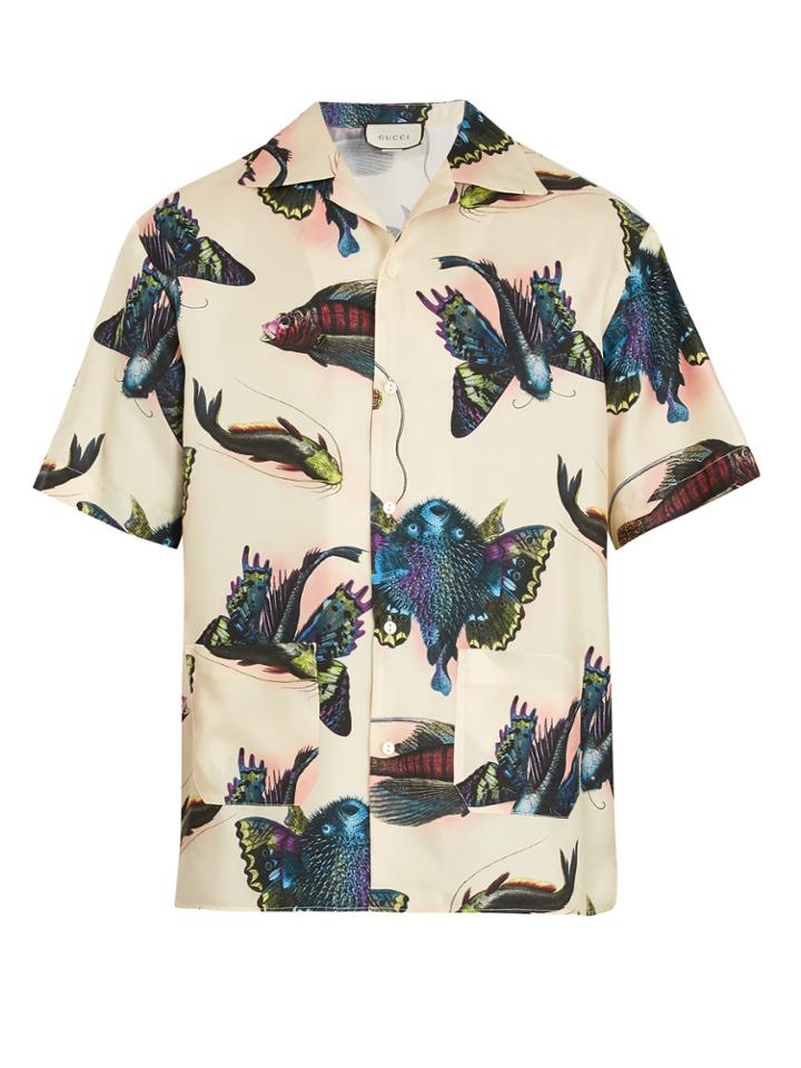 Gucci Fish-print Short-sleeved Silk-satin Twill Shirt