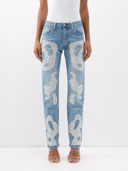 Germanier - Crystal-patch Upcycled-denim Straight-leg Jeans - Womens - Blue Silver