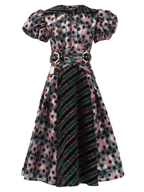 Matchesfashion.com Chopova Lowena - Belted Checked Taffeta And Organza Midi Dress - Womens - Black Multi