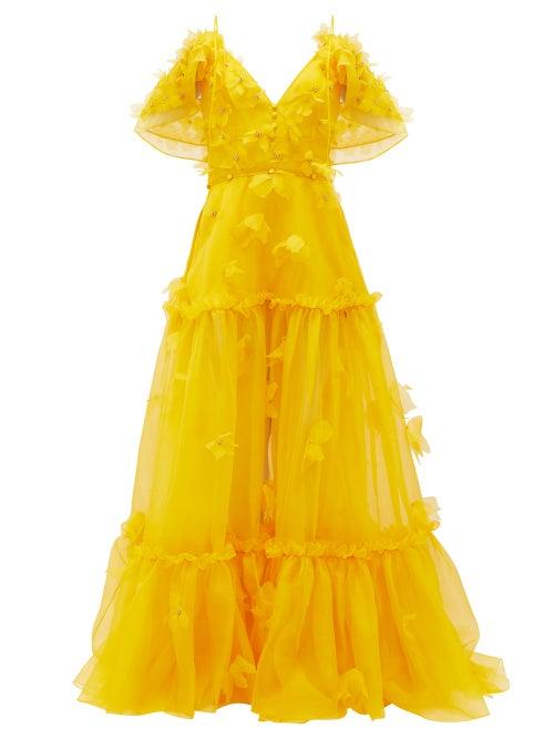 Matchesfashion.com Dundas - Floral-appliqu Tiered Silk-organza Gown - Womens - Yellow