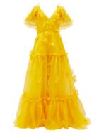 Matchesfashion.com Dundas - Floral-appliqu Tiered Silk-organza Gown - Womens - Yellow