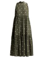 Matchesfashion.com Asceno - Polka Dot Crepe Tiered Midi Dress - Womens - Khaki Print
