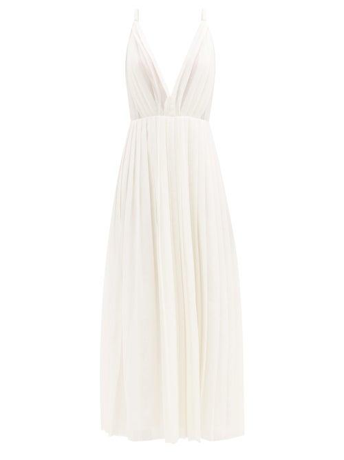 Matchesfashion.com Gabriela Hearst - Isle Plunge-neck Pliss Wool-blend Maxi Dress - Womens - Ivory