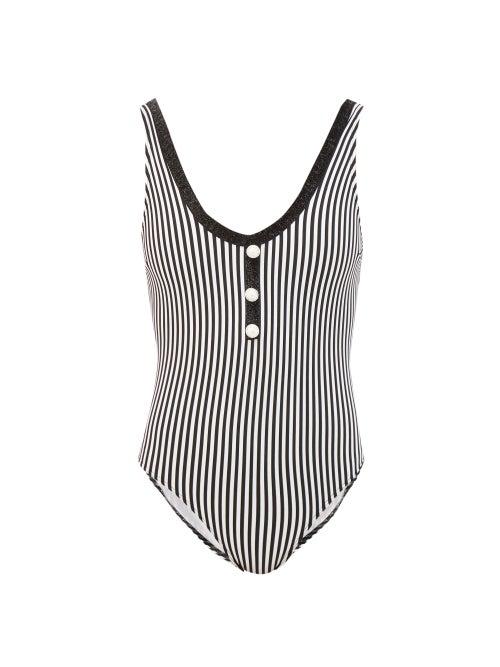 Matchesfashion.com Leslie Amon - Rita Glitter-trim Striped Swimsuit - Womens - Black Stripe