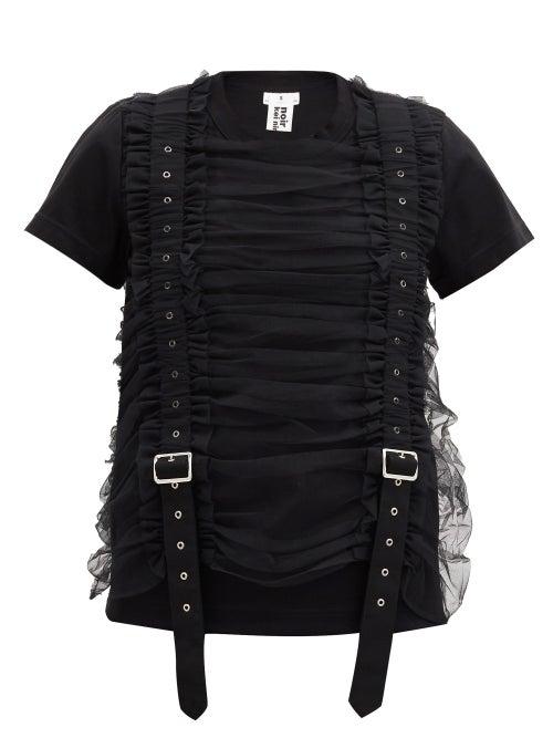 Matchesfashion.com Noir Kei Ninomiya - Ruched-tulle Strapped Cotton T-shirt - Womens - Black