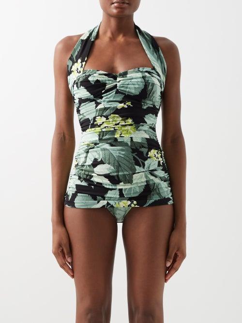Norma Kamali - Bill Mio Tropical-print Halterneck Swimsuit - Womens - Green Print