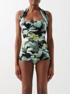 Norma Kamali - Bill Mio Tropical-print Halterneck Swimsuit - Womens - Green Print