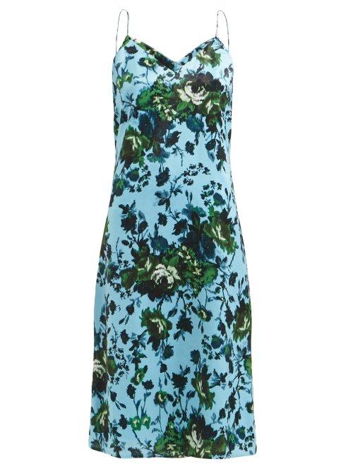 Matchesfashion.com Erdem - Vivianne Rose Print Satin Slip Dress - Womens - Blue Multi