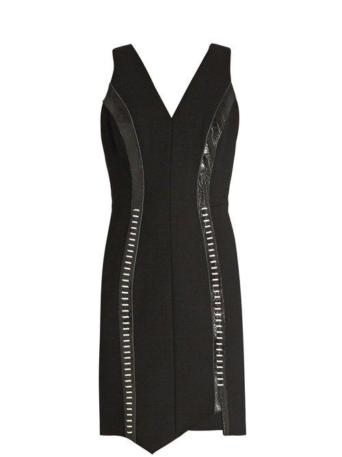 Matchesfashion.com Mugler - Leather Panelled V Neck Wool Blend Dress - Womens - Black
