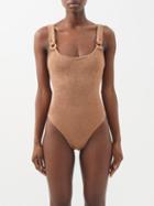Hunza G - Domino Scoop-neck Crinkle-knit Swimsuit - Womens - Brown