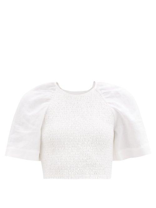 Three Graces London - Kiki Shirred Linen Cropped Top - Womens - White