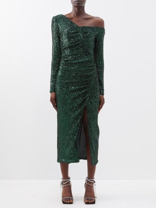 Self-portrait - Off-the-shoulder Asymmetric Sequinned Dress - Womens - Dark Green