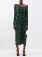 Self-portrait - Off-the-shoulder Asymmetric Sequinned Dress - Womens - Dark Green