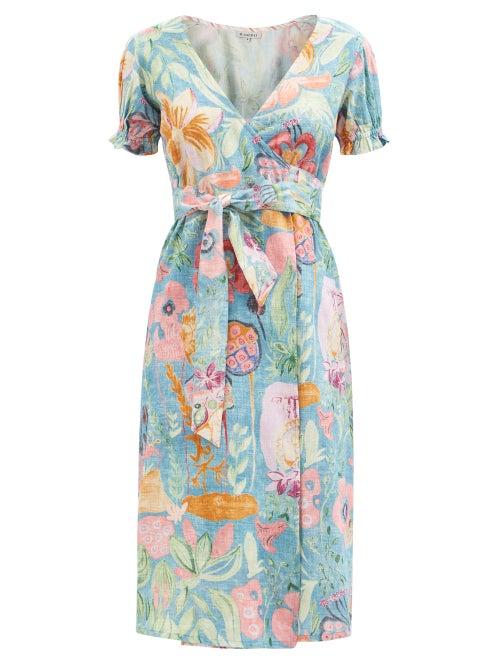 D'ascoli - Jennai Floral-print Cotton-khadi Midi Wrap Dress - Womens - Blue Multi
