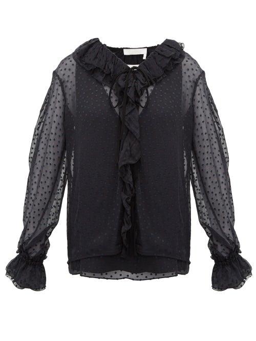 Matchesfashion.com Chlo - Ruffled Flocked Silk Blend Blouse - Womens - Black