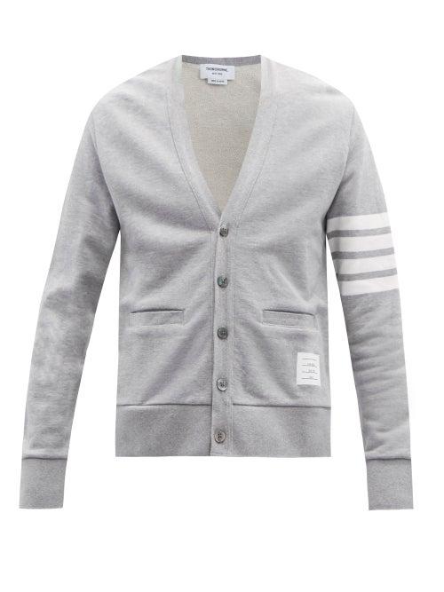 Mens Rtw Thom Browne - Four-bar Intarsia Cotton Cardigan - Mens - Grey