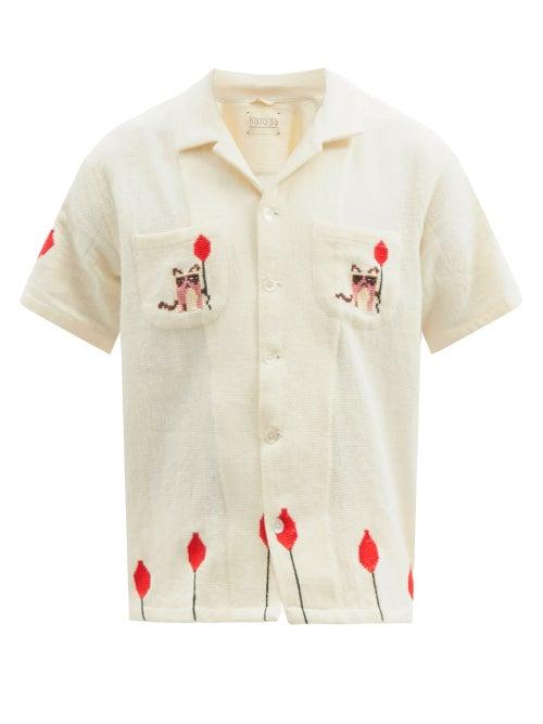 Matchesfashion.com Harago - Cat-embroidered Upcycled-cotton Shirt - Mens - White Multi