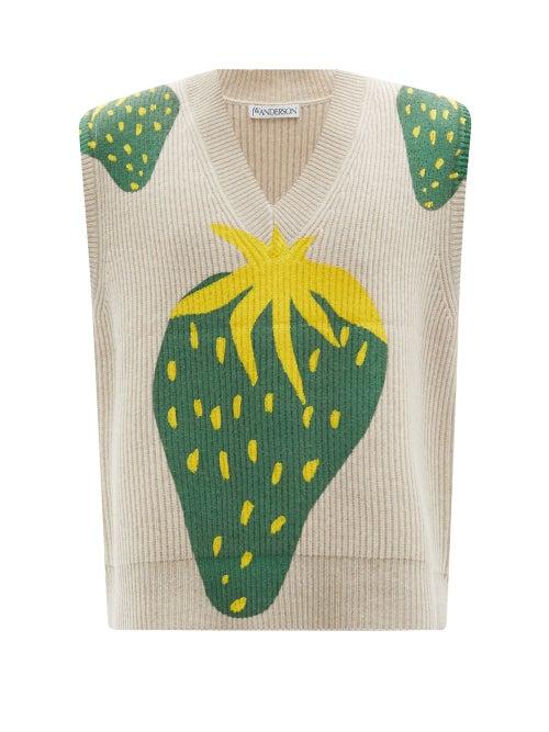 Jw Anderson - Strawberry-print Wool-blend Sweater Vest - Mens - Beige Multi