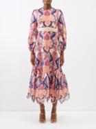 Zimmermann - Laurel Billow Printed Linen Midi Dress - Womens - Navy Pink