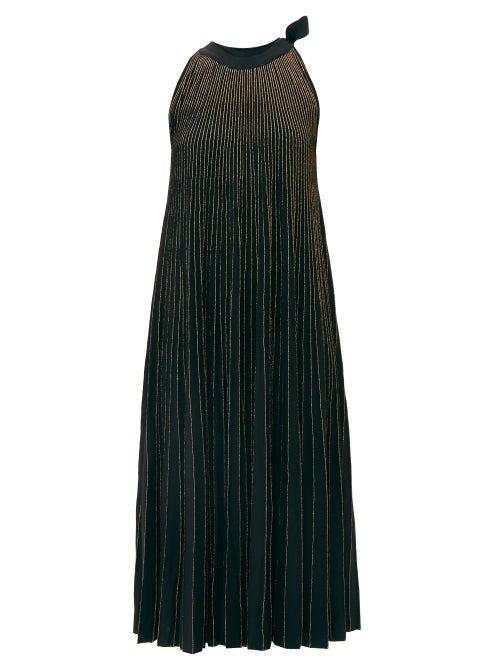 Matchesfashion.com Elie Saab - Tie Neck Metallic Ribbed Knit Midi Dress - Womens - Black