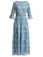 Matchesfashion.com Le Sirenuse, Positano - Bella Aretusa Print Cotton Midi Dress - Womens - Light Blue