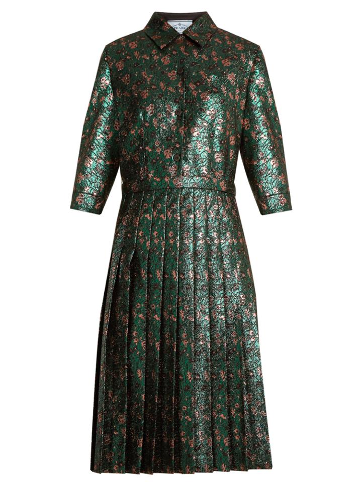 Prada Floral-jacquard Pleated Dress