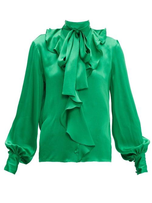 Matchesfashion.com Msgm - Ruffled Pussy Bow Satin Blouse - Womens - Green