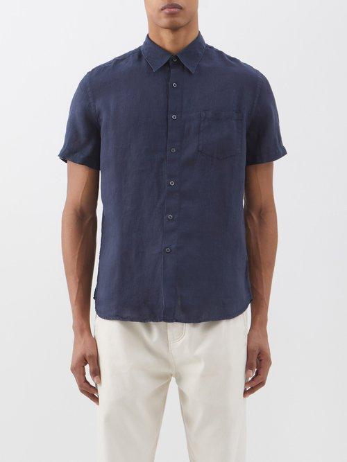120 Lino 120% Lino - Short-sleeved Patch-pocket Linen Shirt - Mens - Navy